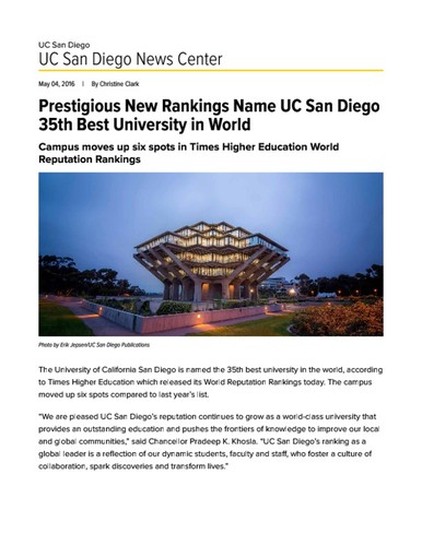 Prestigious New Rankings Name UC San Diego 35th Best University in World