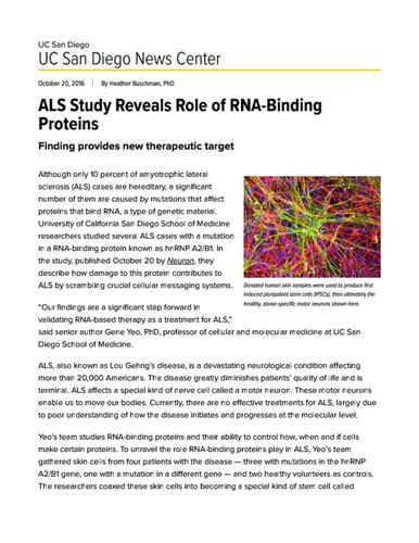 ALS Study Reveals Role of RNA-Binding Proteins