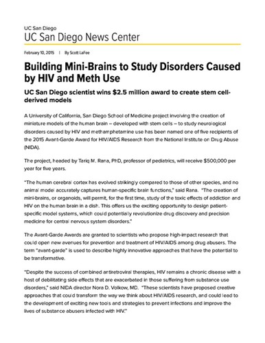 Building Mini-Brains to Study Disorders Caused by HIV and Meth Use