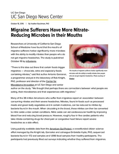 Migraine Sufferers Have More Nitrate-Reducing Microbes in their Mouths