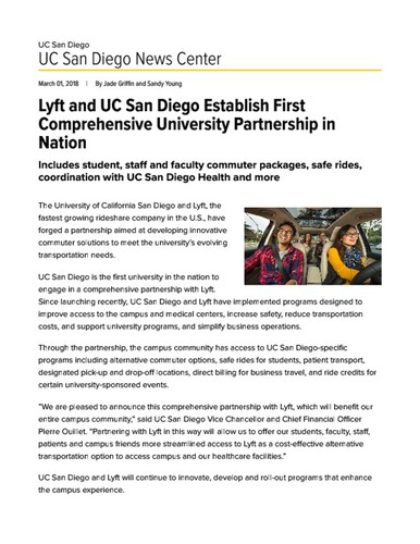 Lyft and UC San Diego Establish First Comprehensive University Partnership in Nation