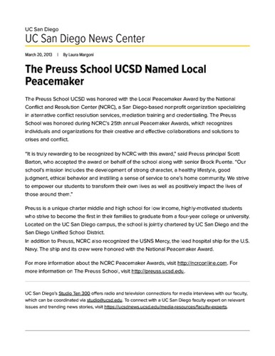 The Preuss School UCSD Named Local Peacemaker