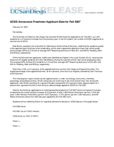 UCSD Announces Freshman Applicant Data for Fall 2007