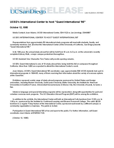 UCSD's International Center to host "Quest International '95"