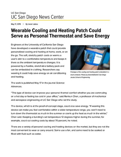 Wearable Cooling and Heating Patch Could Serve as Personal Thermostat and Save Energy