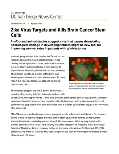 Zika Virus Targets and Kills Brain Cancer Stem Cells