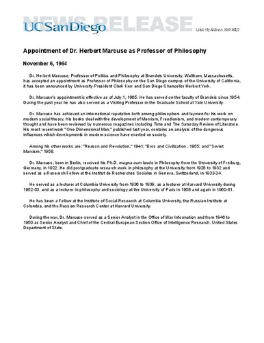 Appointment of Dr. Herbert Marcuse as Professor of Philosophy