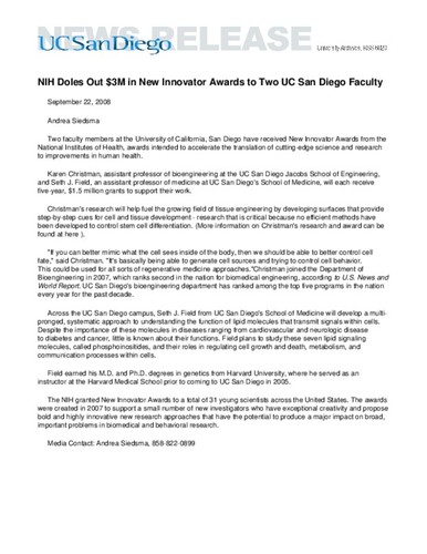 NIH Doles Out $3M in New Innovator Awards to Two UC San Diego Faculty