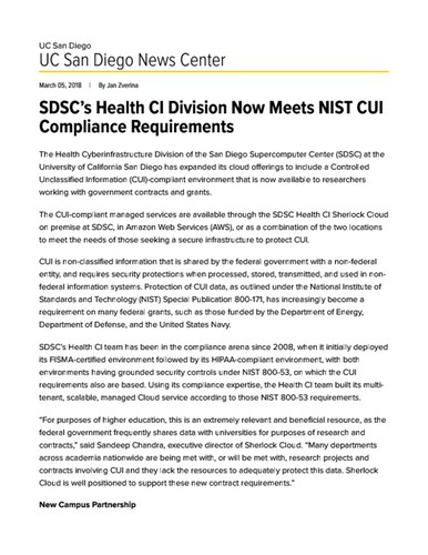 SDSC’s Health CI Division Now Meets NIST CUI Compliance Requirements