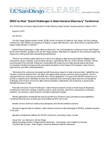 SDSC to Host “Grand Challenges in Data-Intensive Discovery” Conference--Oct. 26-28 Event to Explore Opportunities for Flash Memory-based ‘Gordon’ Supercomputer to Debut in 2011