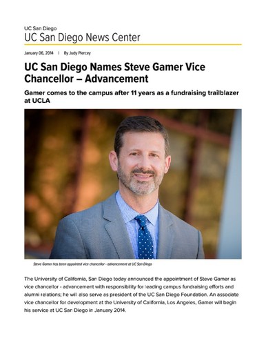 UC San Diego Names Steve Gamer Vice Chancellor – Advancement