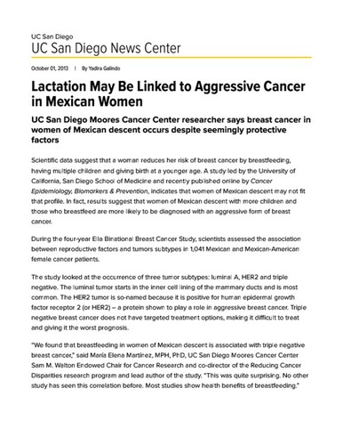 Lactation May Be Linked to Aggressive Cancer in Mexican Women