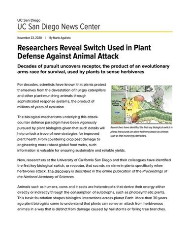 Researchers Reveal Switch Used in Plant Defense Against Animal Attack