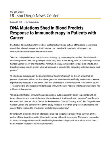 DNA Mutations Shed in Blood Predicts Response to Immunotherapy in Patients with Cancer