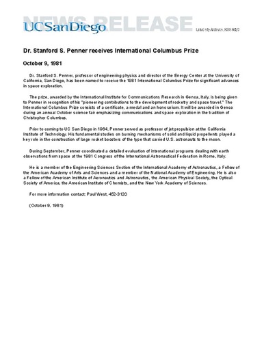 Dr. Stanford S. Penner receives International Columbus Prize