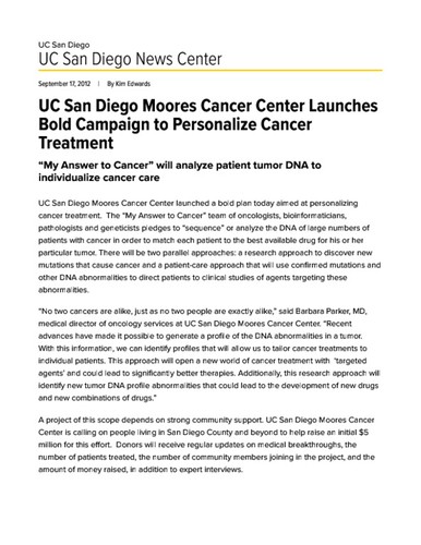 UC San Diego Moores Cancer Center Launches Bold Campaign to Personalize Cancer Treatment