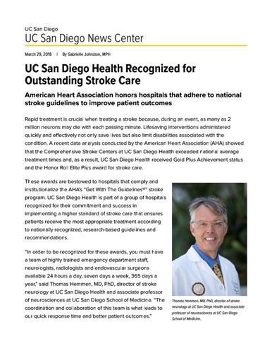 UC San Diego Health Recognized for Outstanding Stroke Care