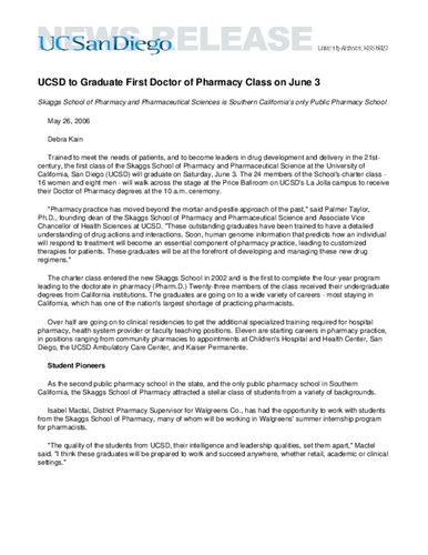 UCSD to Graduate First Doctor of Pharmacy Class on June 3--Skaggs School of Pharmacy and Pharmaceutical Sciences is Southern California’s only Public Pharmacy School