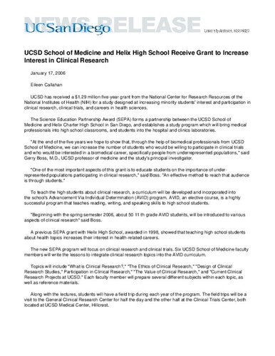 UCSD School of Medicine and Helix High School Receive Grant to Increase Interest in Clinical Research