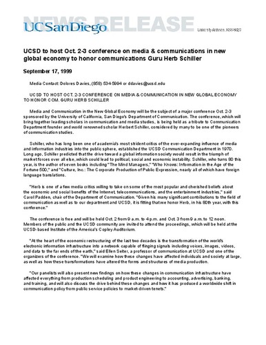 UCSD to host Oct. 2-3 conference on media & communications in new global economy to honor communications Guru Herb Schiller
