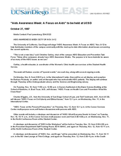 "Aids Awareness Week: A Focus on Aids" to be held at UCSD
