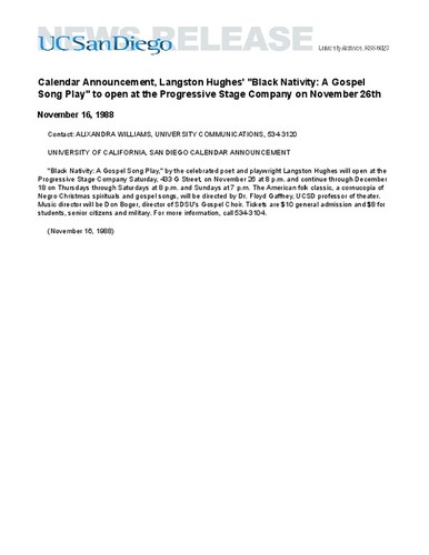 Calendar Announcement, Langston Hughes' "Black Nativity: A Gospel Song Play" to open at the Progressive Stage Company on November 26th