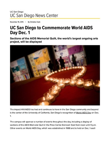UC San Diego to Commemorate World AIDS Day Dec. 1