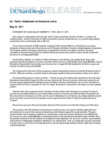 Dr. York's statement on financial crisis