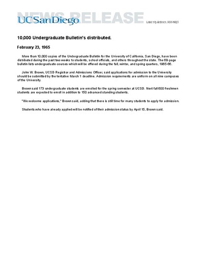 10,000 Undergraduate Bulletin's distributed