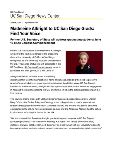 Madeleine Albright to UC San Diego Grads: Find Your Voice