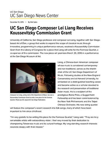 UC San Diego Composer Lei Liang Receives Koussevitzky Commission Grant