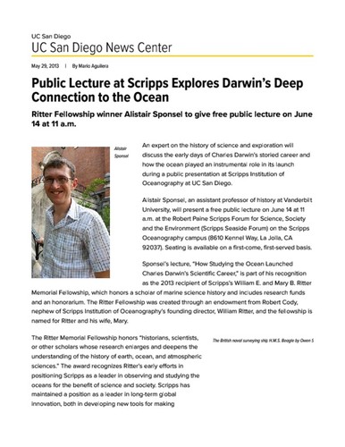 Public Lecture at Scripps Explores Darwin’s Deep Connection to the Ocean