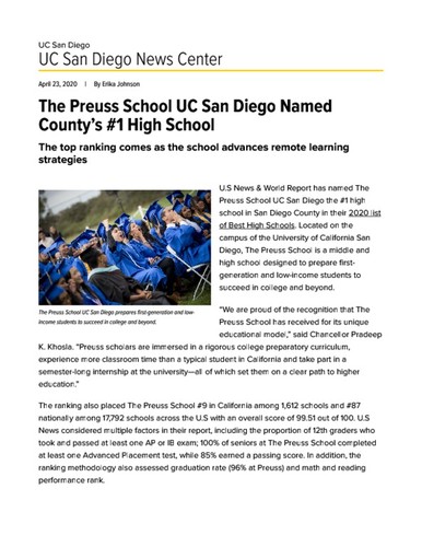 The Preuss School UC San Diego Named County’s #1 High School