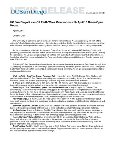 UC San Diego Kicks Off Earth Week Celebration with April 16 Green Open House