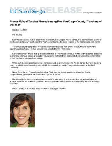 Preuss School Teacher Named among Five San Diego County “Teachers of the Year”