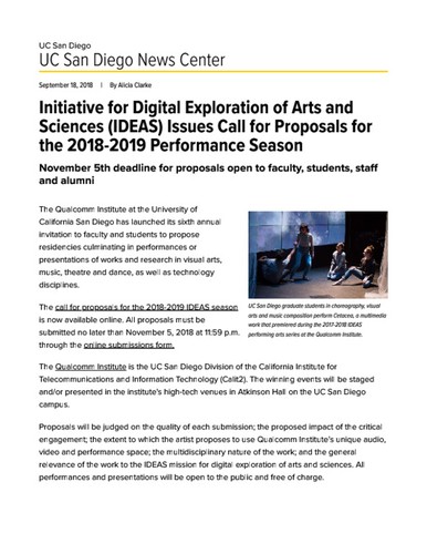 Initiative for Digital Exploration of Arts and Sciences (IDEAS) Issues Call for Proposals for the 2018-2019 Performance Season