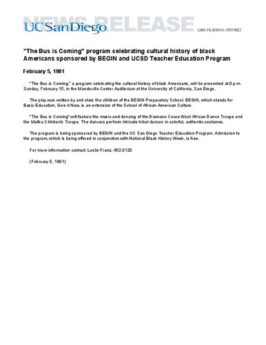 "The Bus is Coming" program celebrating cultural history of black Americans sponsored by BEGIN and UCSD Teacher Education Program