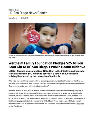 Wertheim Family Foundation Pledges $25 Million Lead Gift to UC San Diego’s Public Health Initiative