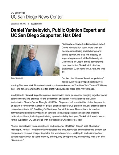 Daniel Yankelovich, Public Opinion Expert and UC San Diego Supporter, Has Died