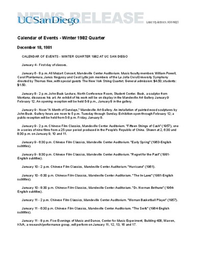 Calendar of Events - Winter 1982 Quarter