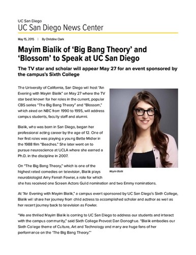 Mayim Bialik of 'Big Bang Theory' and 'Blossom' to Speak at UC San Diego