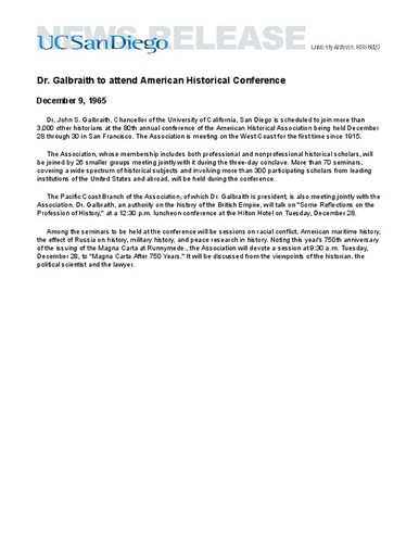 Dr. Galbraith to attend American Historical Conference