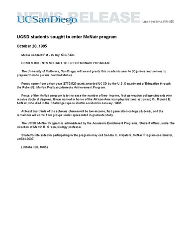 UCSD students sought to enter McNair program