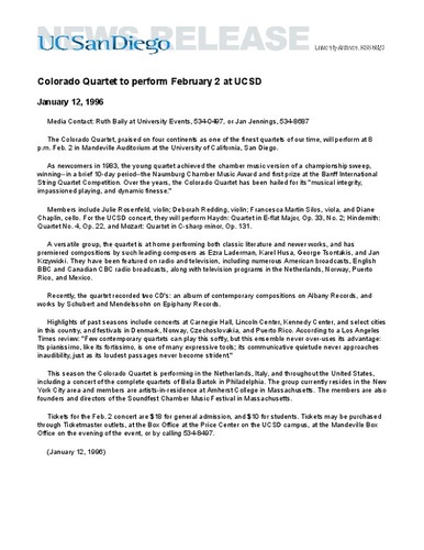 Colorado Quartet to perform February 2 at UCSD