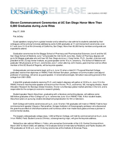 Eleven Commencement Ceremonies at UC San Diego Honor More Than 6,000 Graduates during June Rites
