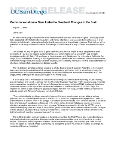 Common Variation in Gene Linked to Structural Changes in the Brain