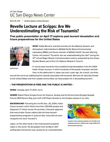 Revelle Lecture at Scripps: Are We Underestimating the Risk of Tsunamis?