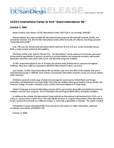 UCSD's International Center to host "Quest International '96"