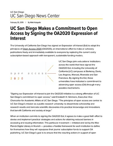 UC San Diego Makes a Commitment to Open Access by Signing the OA2020 Expression of Interest
