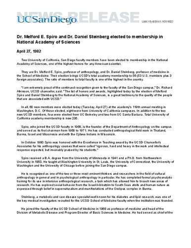 Dr. Melford E. Spiro and Dr. Daniel Steinberg elected to membership in National Academy of Sciences